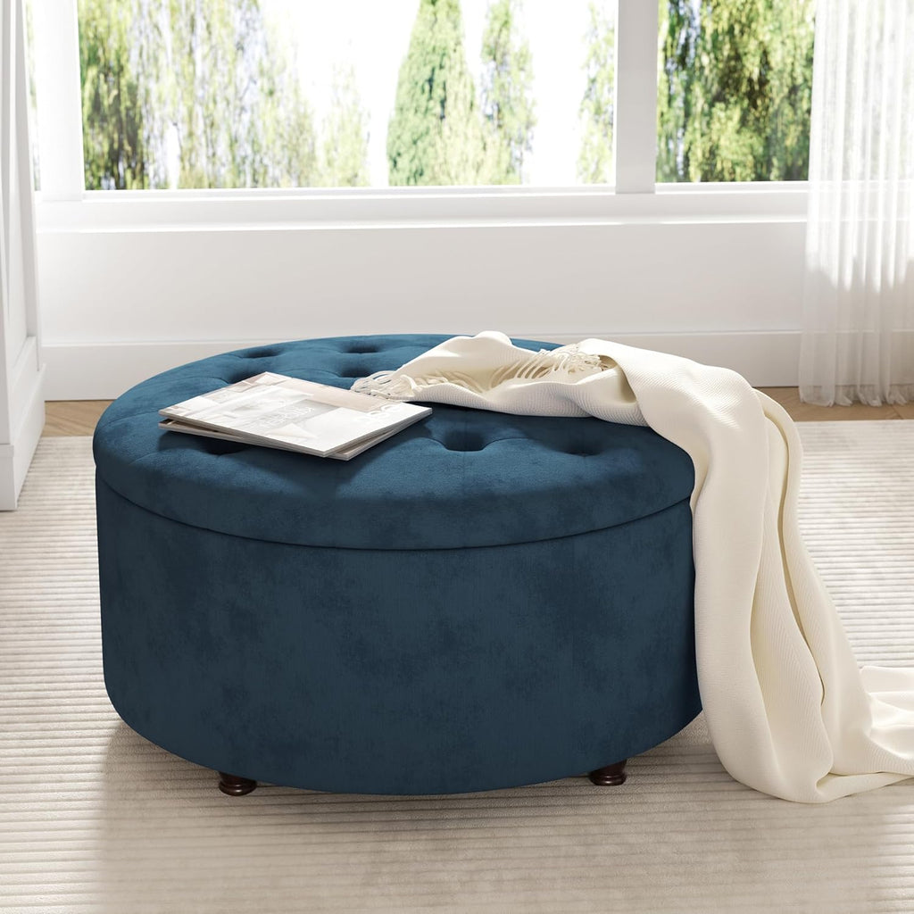 30 Inch Round Storage Ottoman,Modern Blue Tufted Ottomans,Circular Coffee Table with Removable Top,Upholstered Large