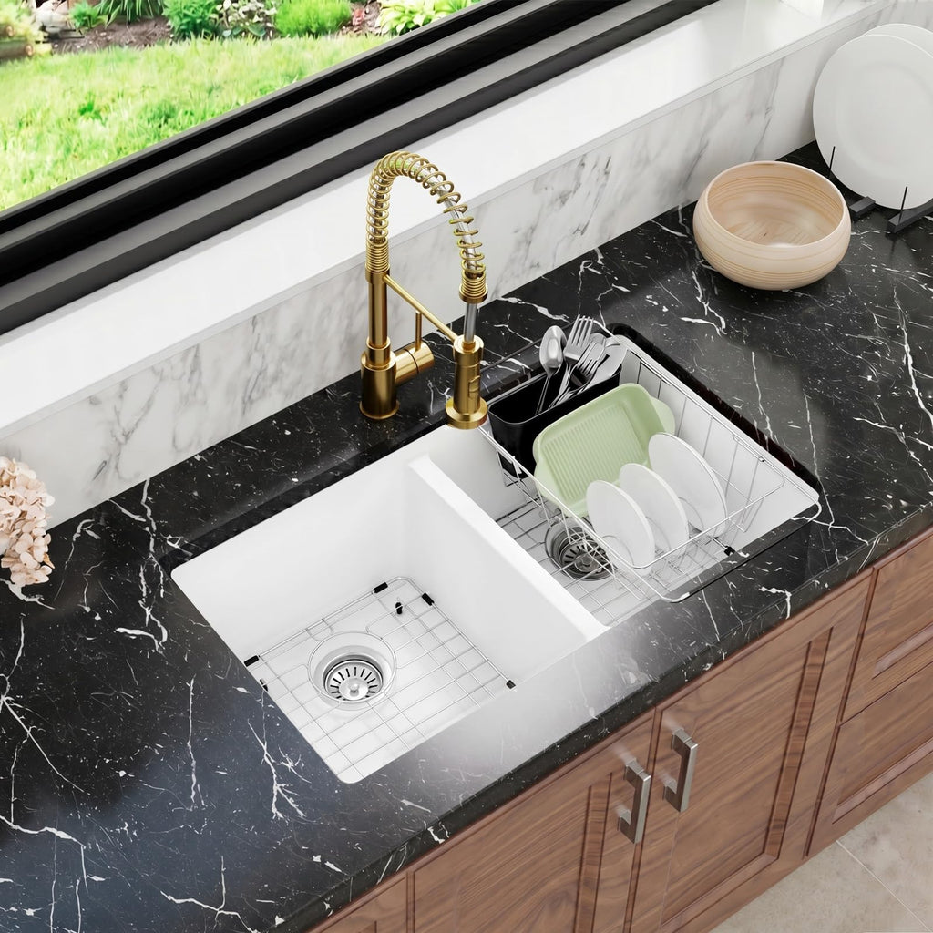 30 Inch White Double Bowl Undermount Kitchen Sink 50/50, 30 x 18 White Granite Composite Kitchen Sink, Deep Quartz