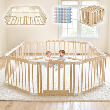Foldable Wooden Playpen for Babies, Extra Large Play Pen, 90 x 60 x 24 in | Pre-Assembled Wooden Baby Playpen, Ready