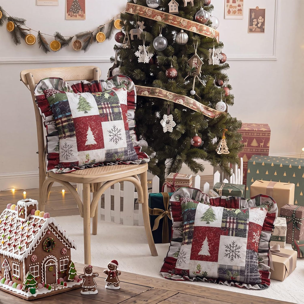 Christmas Tree Quilted Pillow Covers 18 x 18 Inch Farmhouse - Set of 2