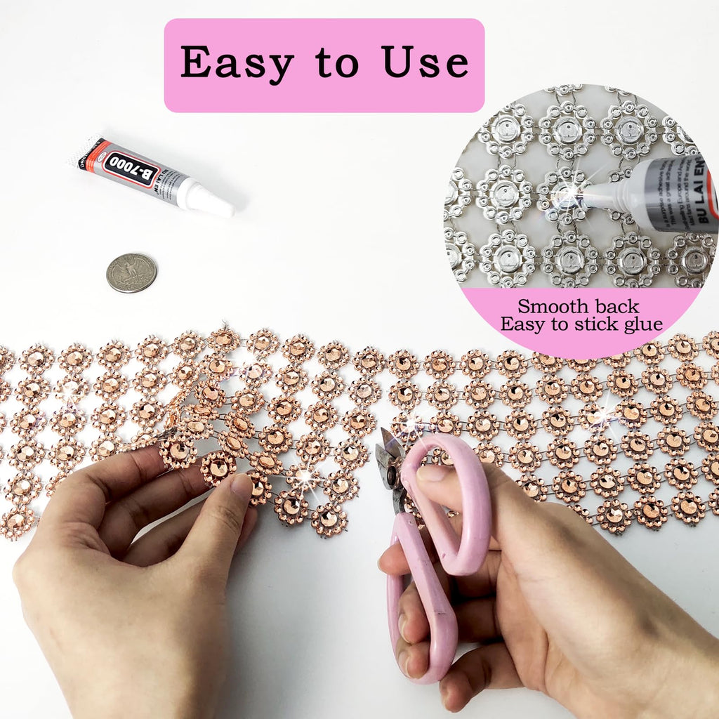 Champagne Rhinestone Mesh Fabric, 4In X 3Yards 6Rows, Bling Ribbon Roll for Crafts, Mum Ribbon Wrap Trim with 3D