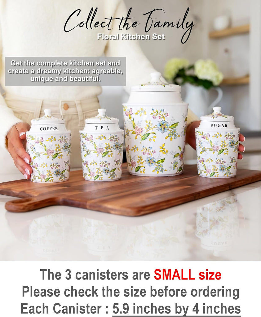 Small Coffee Tea Sugar Canister Set with Airtight Lids - Elegant Flower Kitchen Canisters Pantry Jars - Set of 3