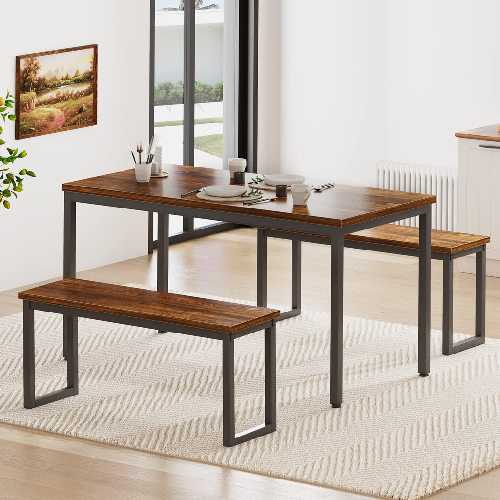 Kitchen Table Set with 2 Benches, Bench Dining Table Set for 4, 3 Piece Dining Room Table and Long Benches, Breakfast