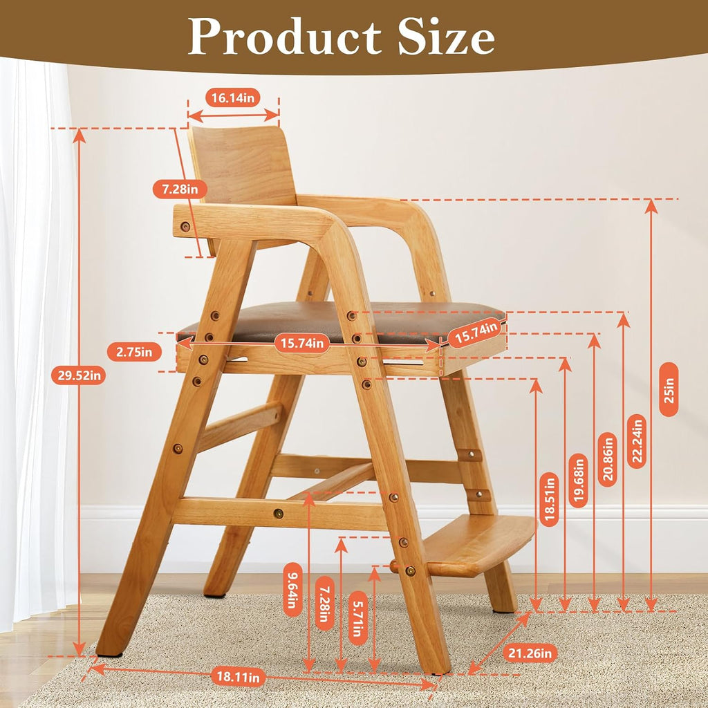Toddler High Chair Wooden Dining Chair with Padded Seat Natural | Adjustable Kids Dining Chair for Dining Table