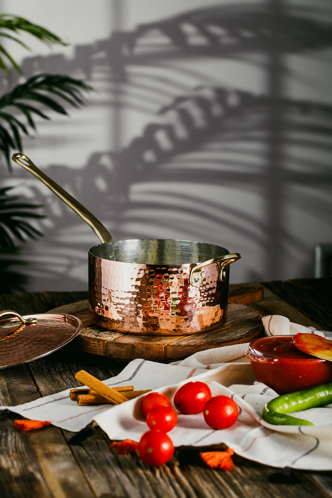 1.2mm Thick Hammered Uncoated Copper Saucepan with Lid & Helper Handle, Food-Safe Tin Lined (1.7-Quart)
