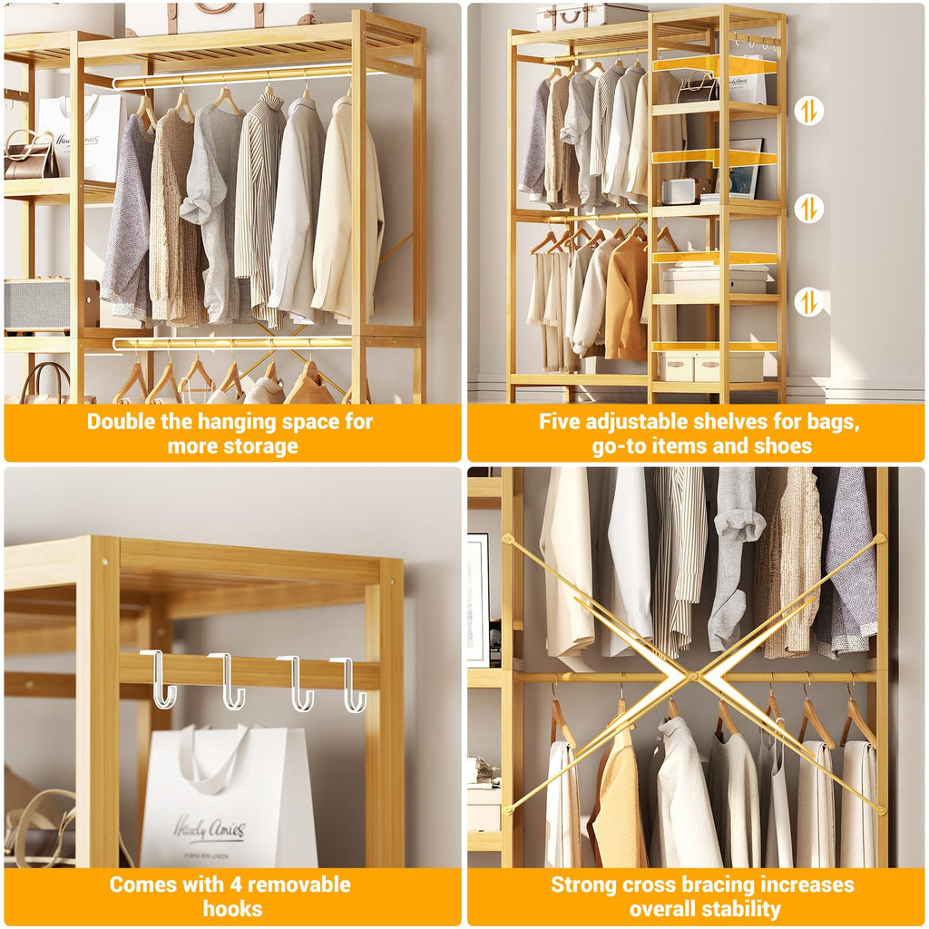 Bamboo Clothing Rack with 7 Adjustable Shelves, 2 Hang Rods