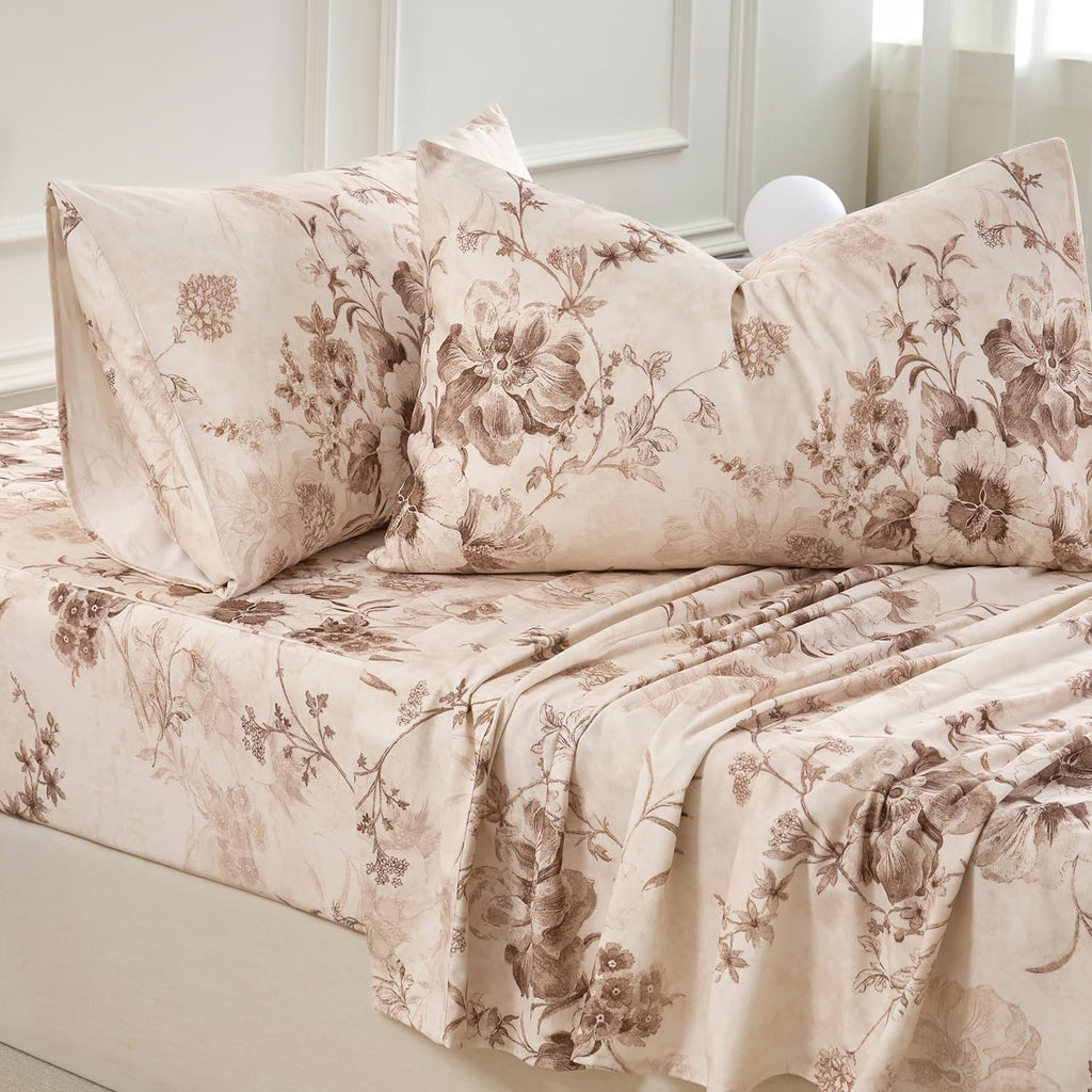 Brown Sheet Set 100% Cotton Flannel-Like Warm Luxury Peony Toile Floral Bed Sheets 4Pc Deep Pocket 17.5"