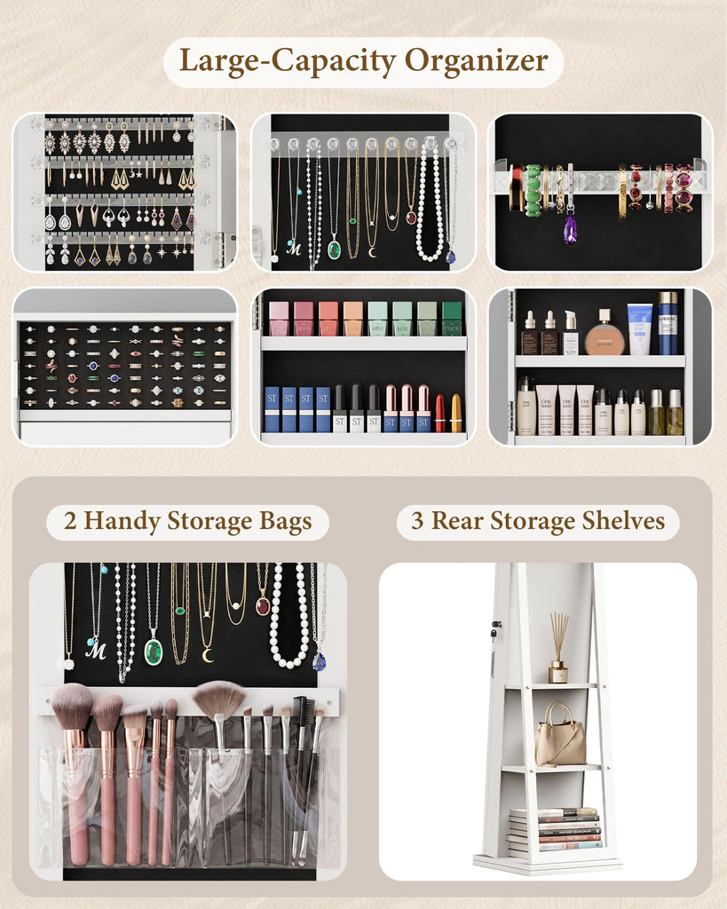 360° Swivel Jewelry Cabinet with Full-Length Mirror, Lockable, White