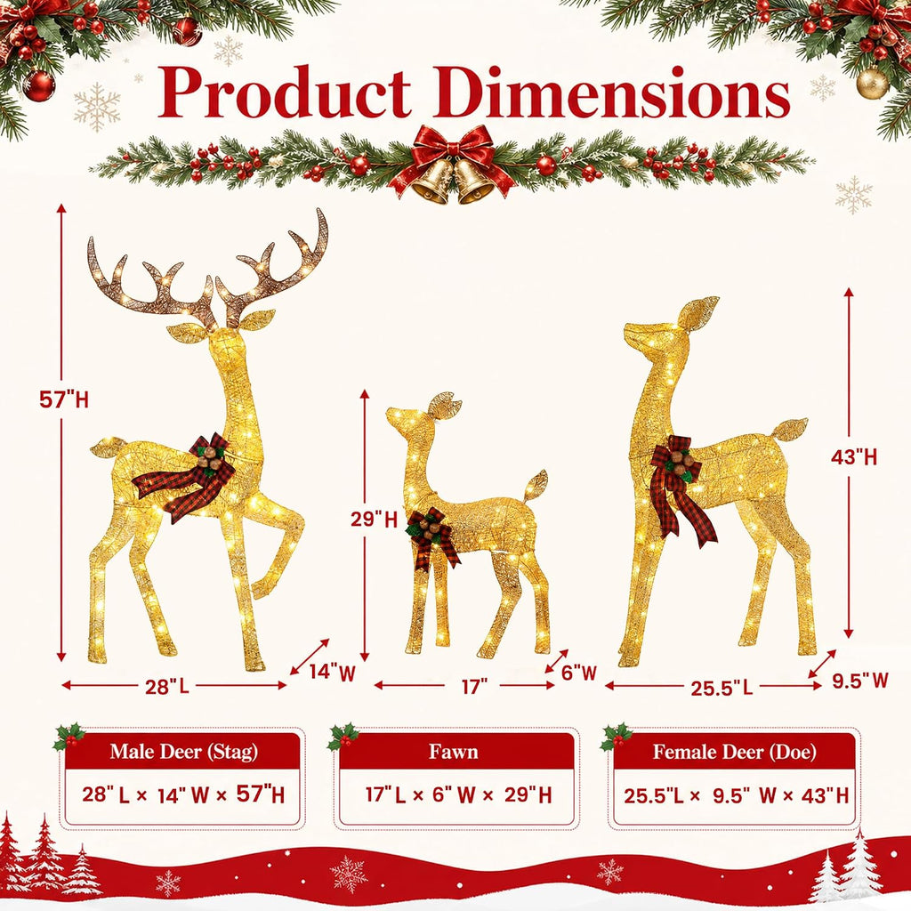 4.83FT 3-Piece Large Lighted Christmas Deer Family Set Gold