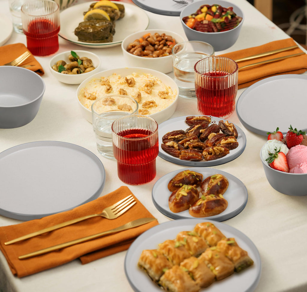 Melamine Dinnerware Sets, Dishware Sets for 4, Light Grey, White