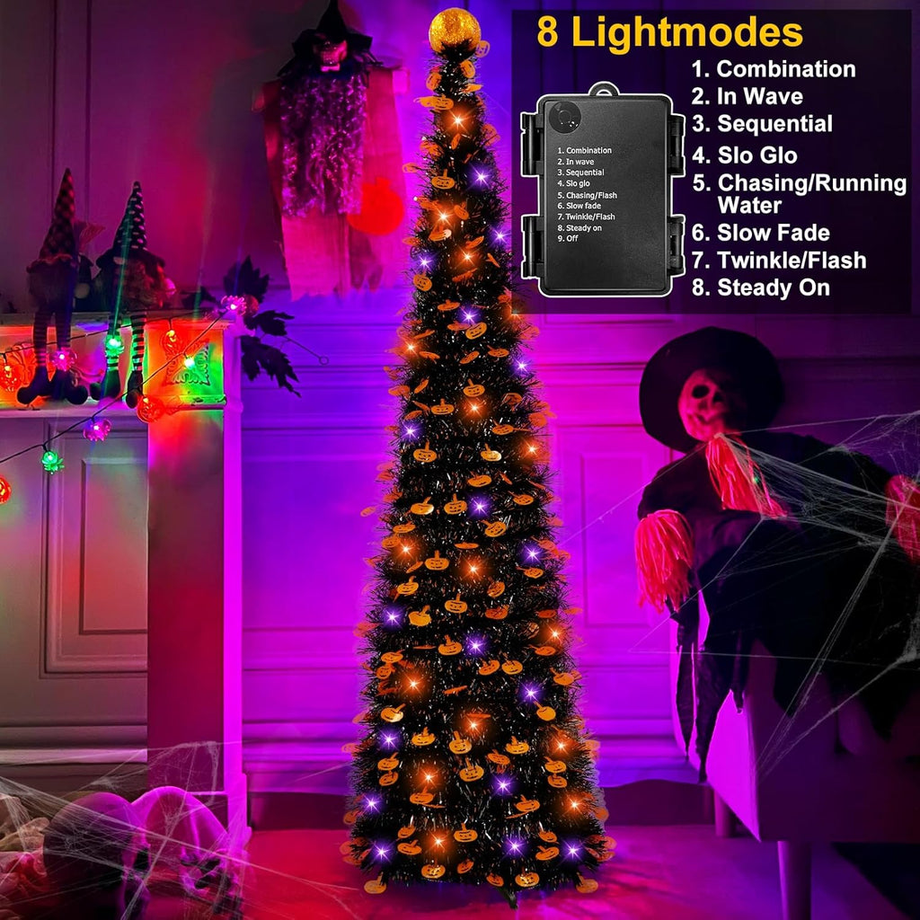 5Ft Black Tinsel Halloween Tree with Lights Halloween Decorations