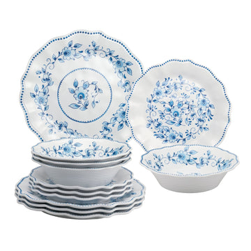 12 Piece Blue and White Floral Melamine Dinnerware Sets, Outdoor Dishes Set, Plates and Bowls Sets, Service for 4