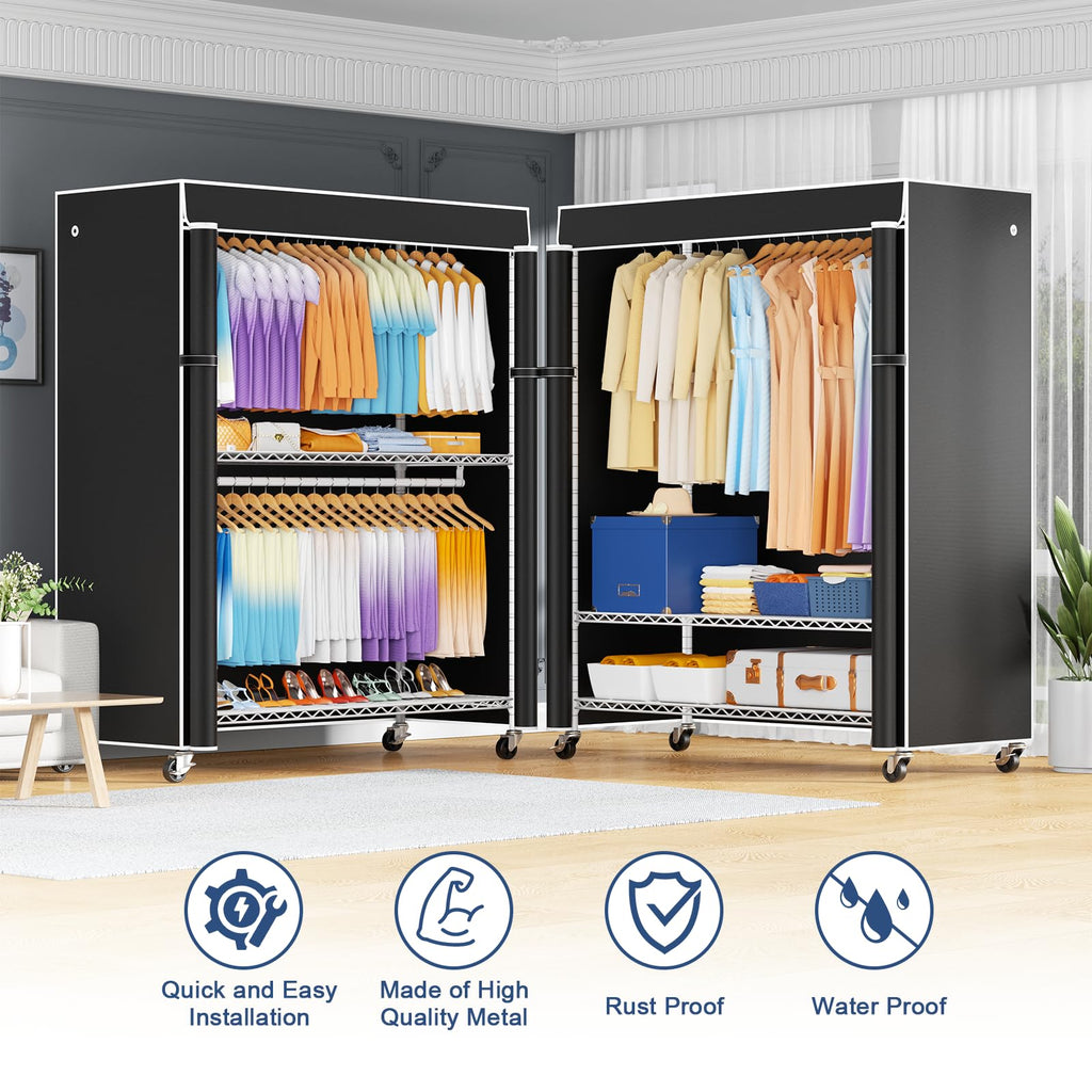 P8C Max Heavy Duty Clothes Rack(With Extended Width Design) Rolling Clothing Racks for Hanging Clothes with Lockable