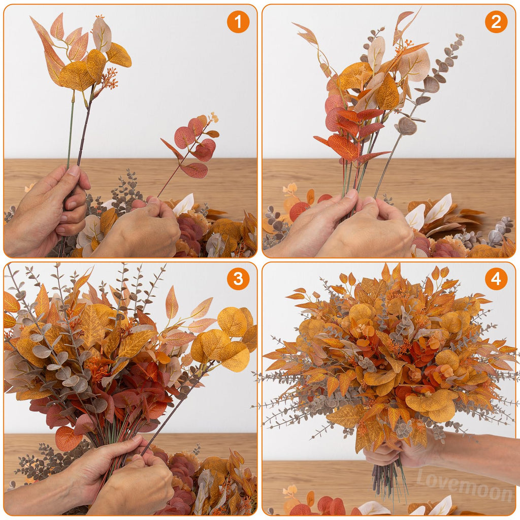 260 Pcs Fall Mixed Greenery Artificial Eucalyptus Stems, Orange