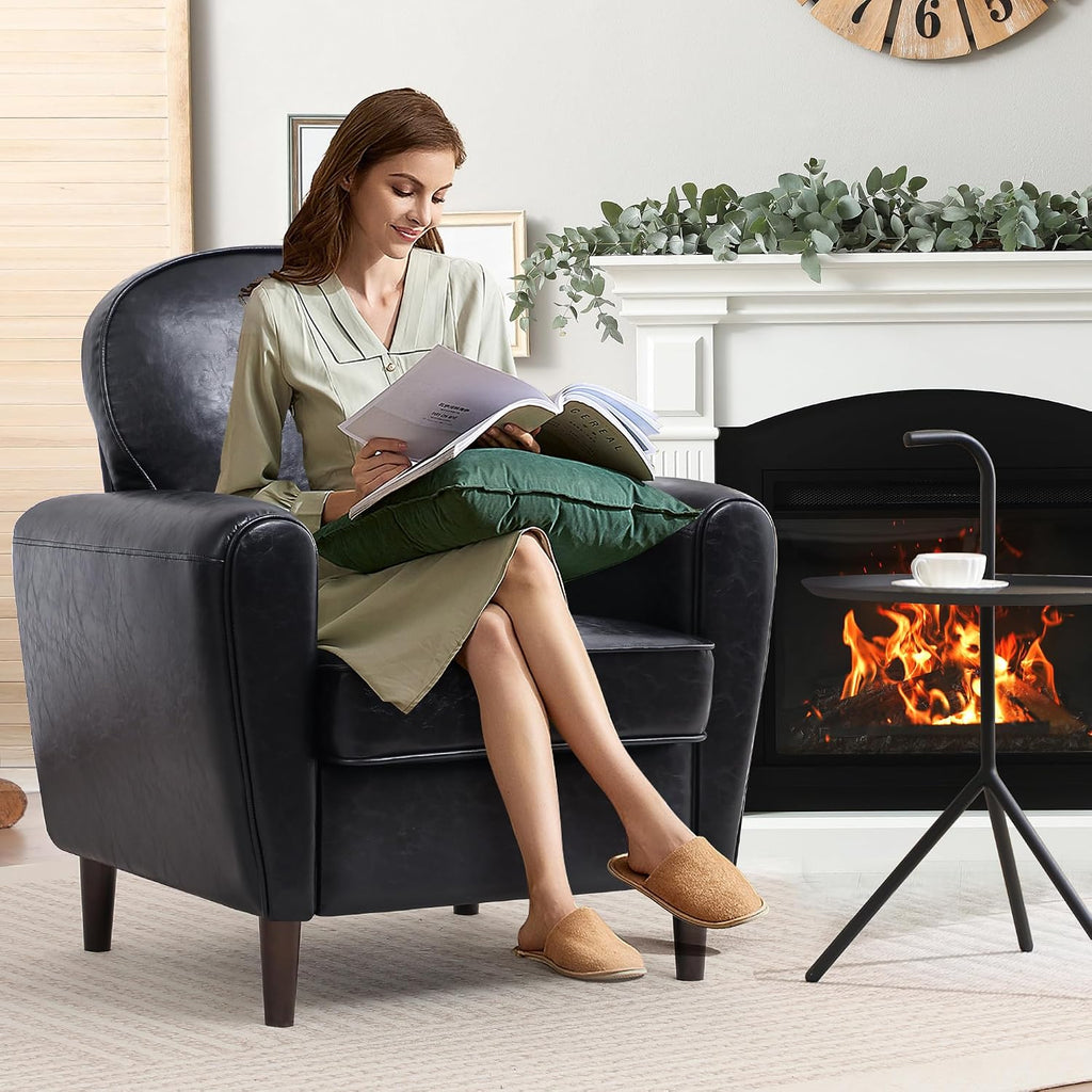 Accent Chair, Faux Leather Mid Century Modern Arm Chairs with Thick Cushion and Back, Comfy Upholstered Reading Chair