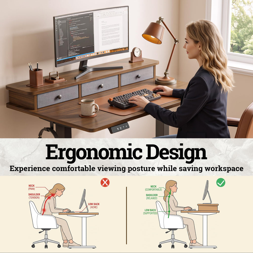 Small Standing Desk with 3 Drawers, 32" Computer Desk Vanity, Walnut