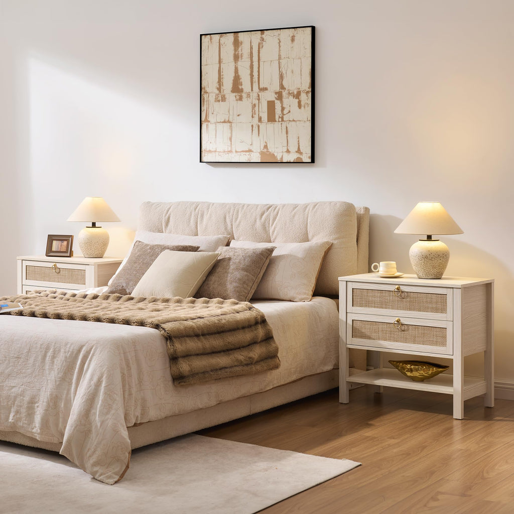White Rattan Nightstand Set of 2, Wide Bedside Table with 2 Drawers