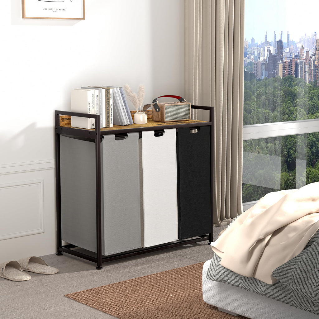 Laundry Hampers with Shelf, Laundry Basket 3 Section, Laundry Sorter with Pull-Out Removable Large 3 Color Bags and