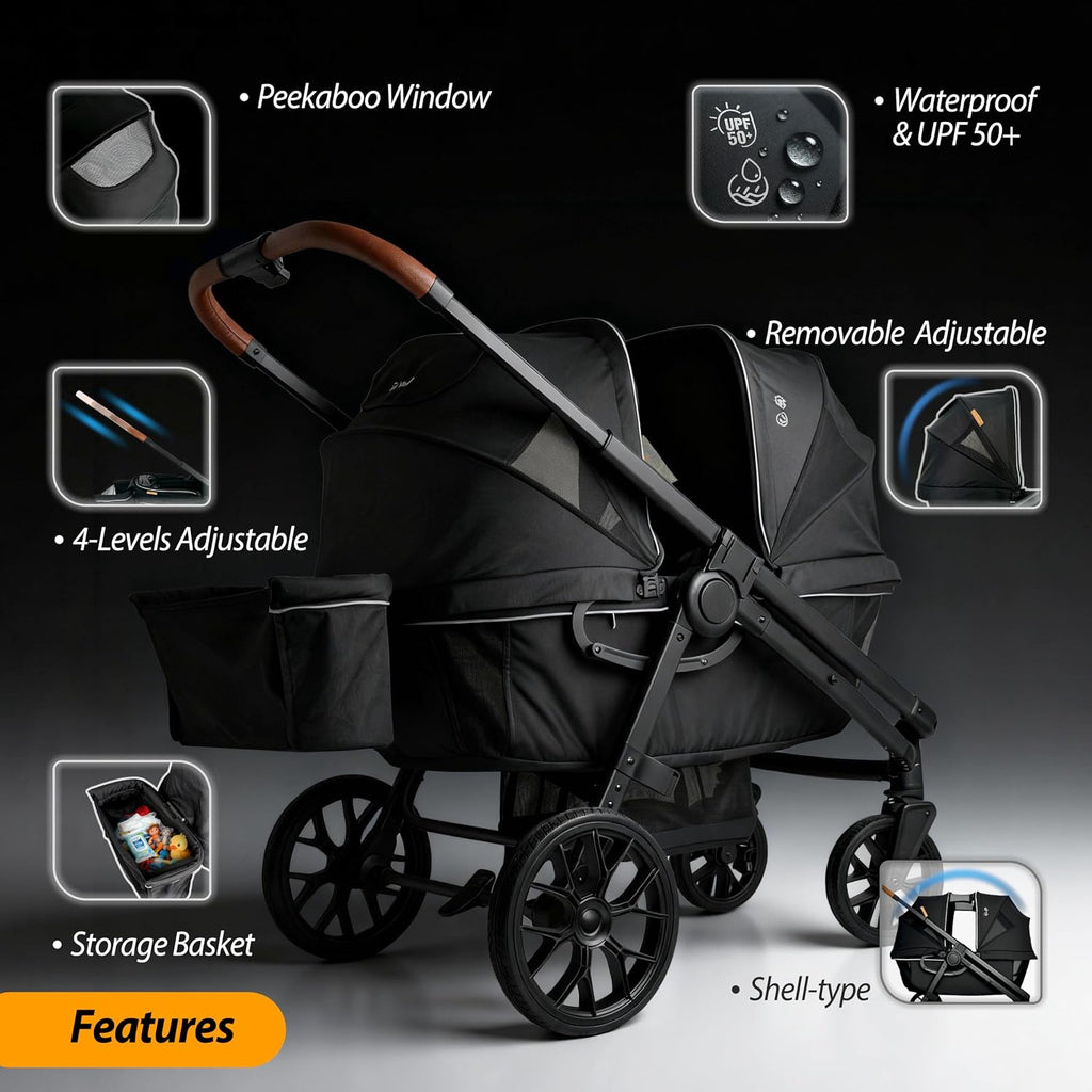 Lightweight Wagon Stroller for 2 Kids, Foldable All-Terrain, Khaki