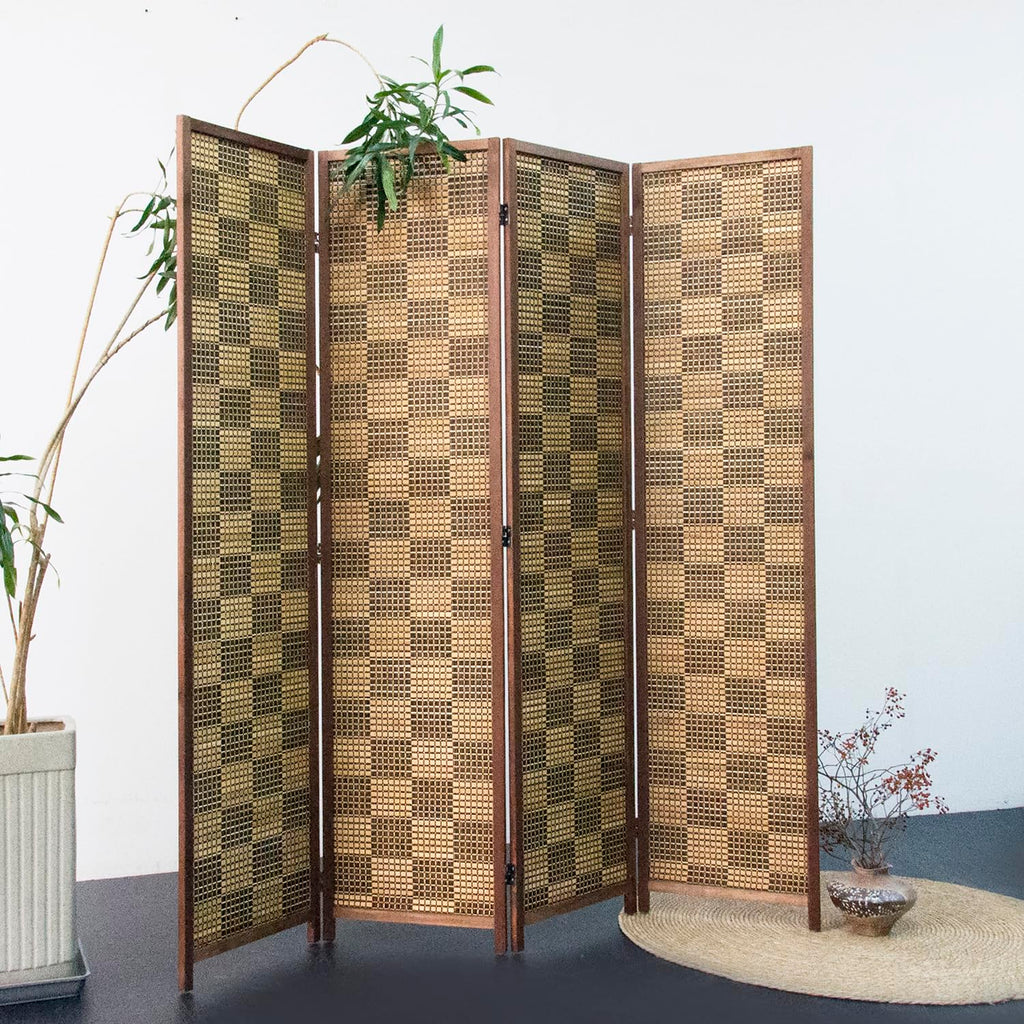 4 Panel Bamboo Room Divider, Caramel Folding Privacy Screen