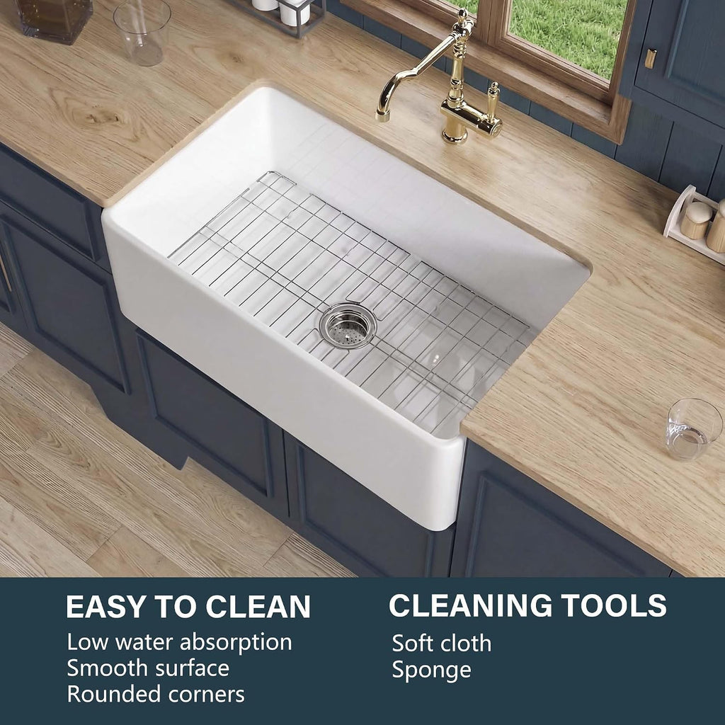 Farmhouse Sink 30 x 18 Inch White Fireclay Apron Front Kitchen Sink | , Heavy duty fireclay single bowl, Resistant to