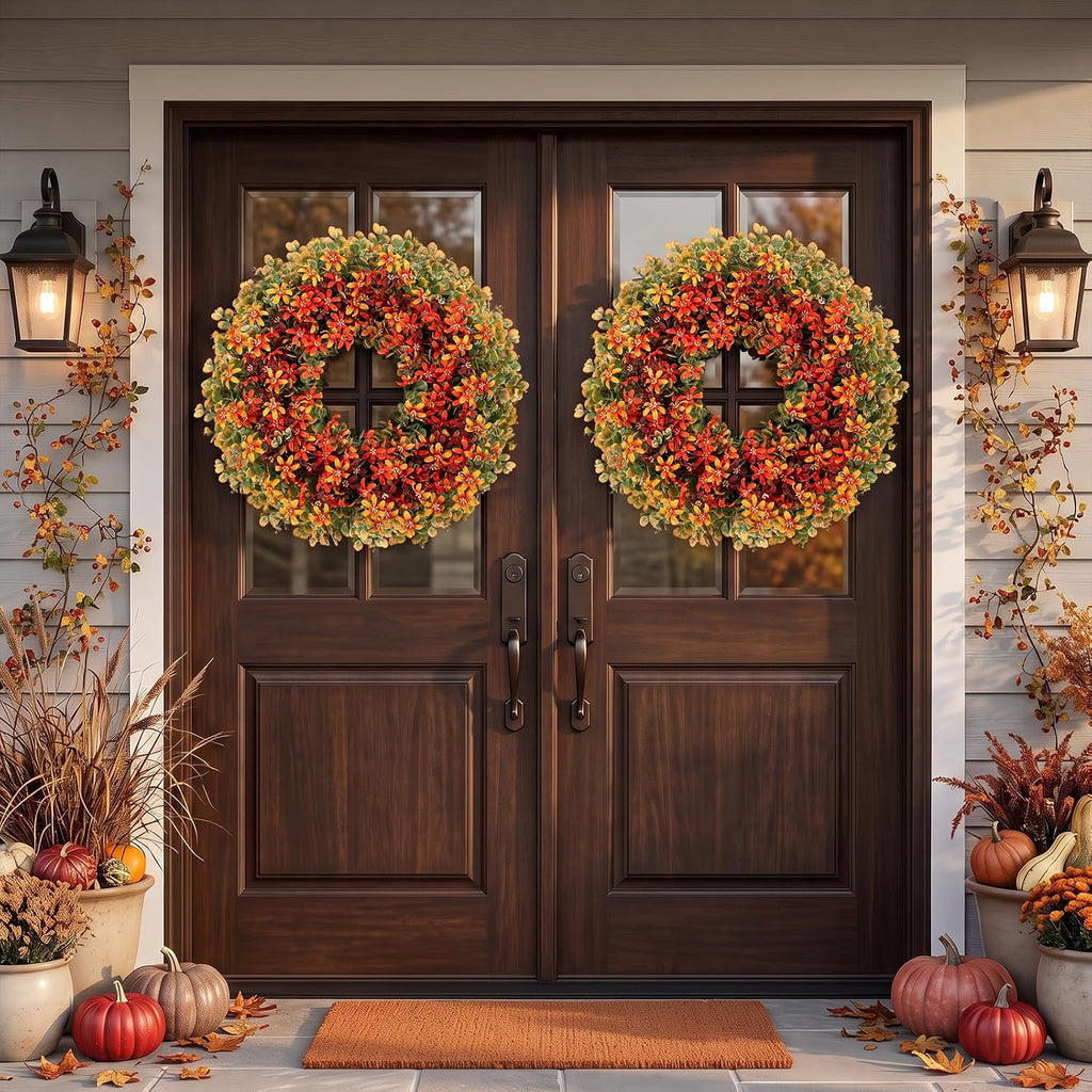 Fall Door Boxwood Wreath, 24 Inch Autumn Wreaths with Hanger