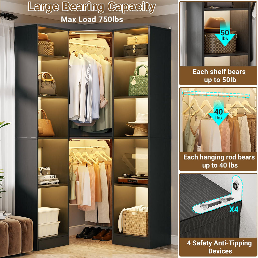 Corner Closet System with 2 Motion Sensor Lights, 39.2" Corner Closet Organizer with 12 Shelves, Closet Corner with 2