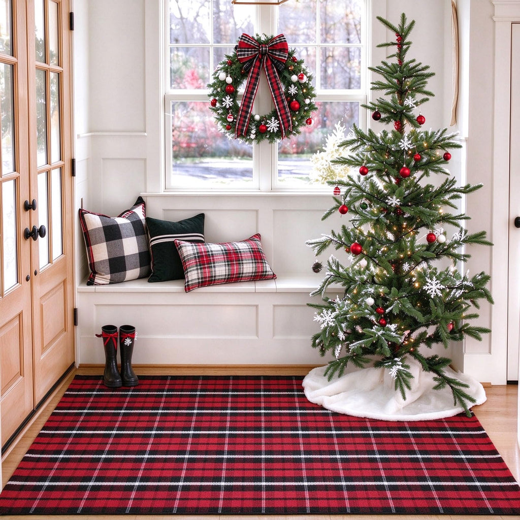 Buffalo Plaid Outdoor Rug, 3' x 5' Christmas Red & Black Check Indoor/Outdoor Area Rug, Layering Rug for