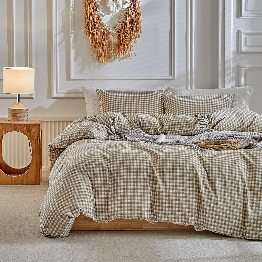 Grid King Duvet Cover Set - Tan Gingham Washed Microfiber Comforter Cover Set, 3 Pieces Plaid Checkered Soft