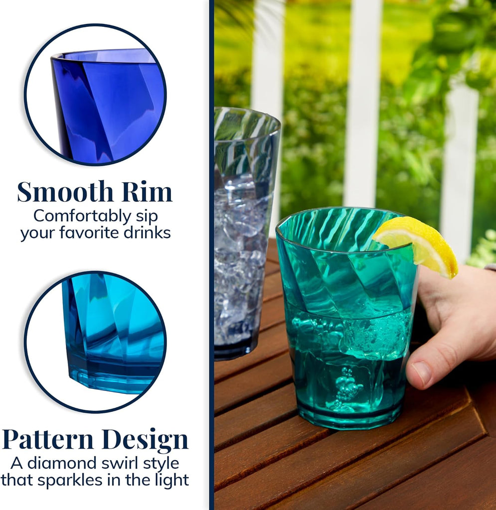 Optix Plastic Reusable Drinking Glasses (Set of 16) 14oz Rocks & 20oz Water Cups in Coastal Colors | BPA-Free
