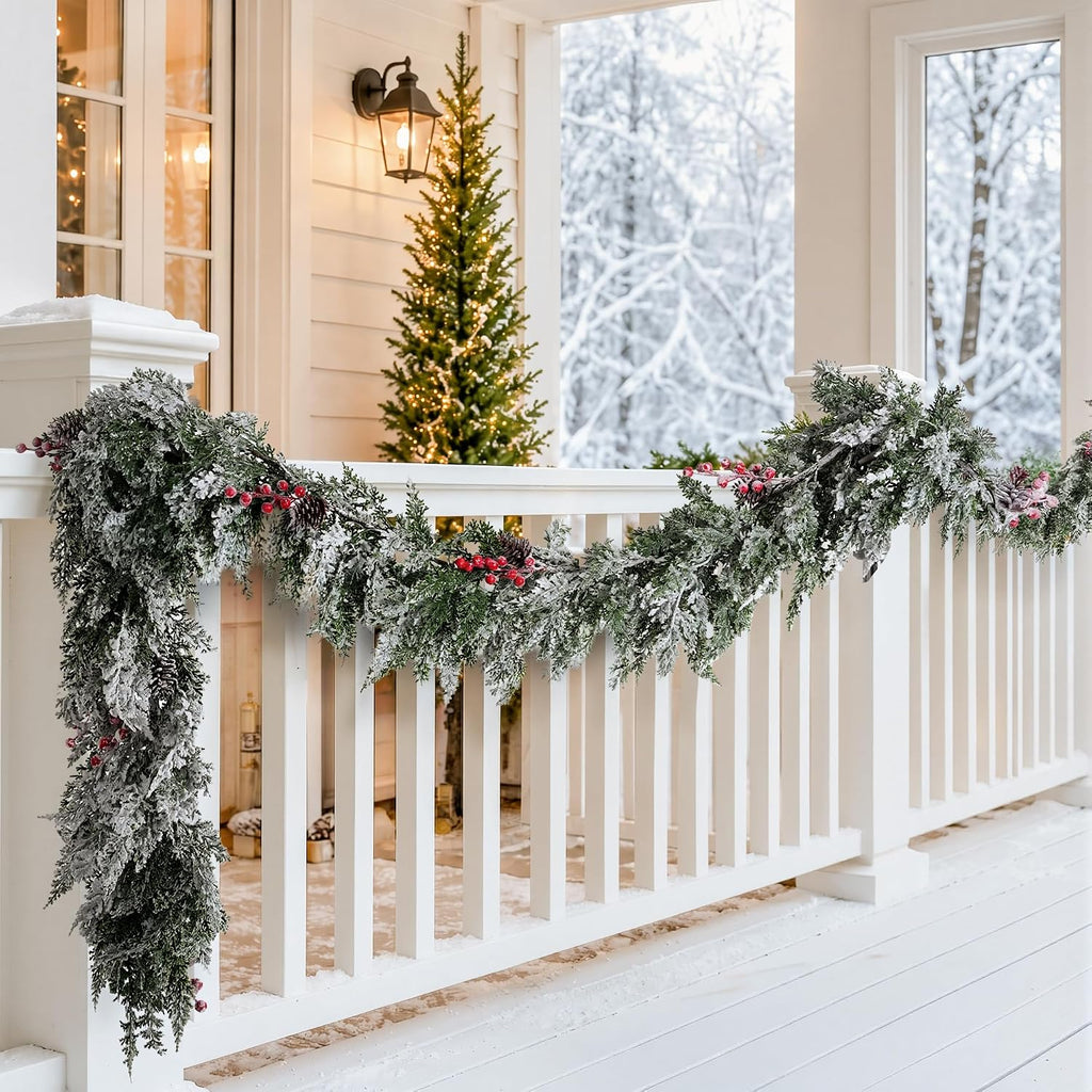 9FT Christmas Cedar Garland Flocked with Artificial Pine Cones Red Berries, Real Touch Faux Greenery Winter Frosted