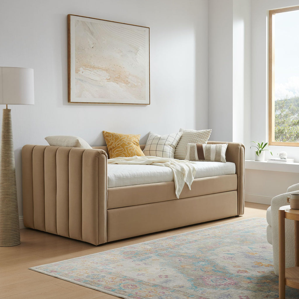 Veyla Twin Size Performance Velvet Daybed in Taupe with Trundle - Channel Tufted Upholstered Sofa Bed with Wood Slat
