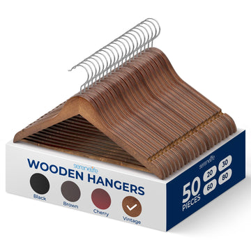 Wooden Clothes Hangers 50 Pack, Durable Non-Slip Wood Hangers with 360° Swivel Hook & Shoulder Grooves, Coat Hanger