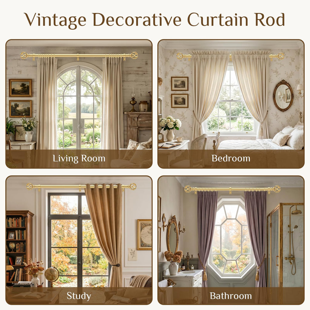Gold Decorative Farmhouse Curtain Rods:72-144" Adjustable Heavy Duty Single Window Curtain Rod Living Room, Brass Gold