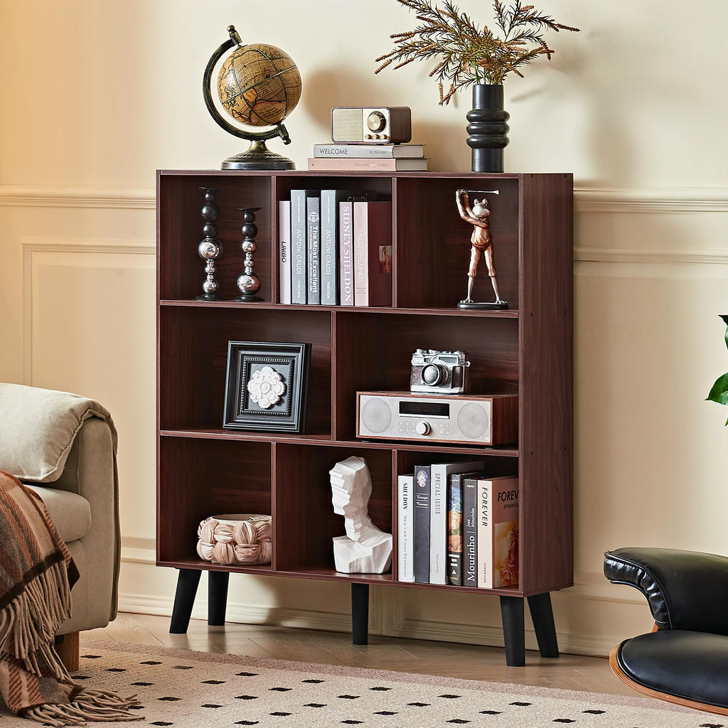 8 Cube Bookshelf, Mid-Century Modern Book Shelf with Legs, Walnut