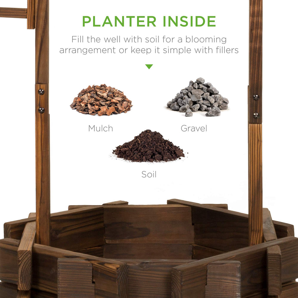 Rustic Wooden Wishing Well Planter Outdoor Home Décor, Garden, Yard w/Hanging Bucket