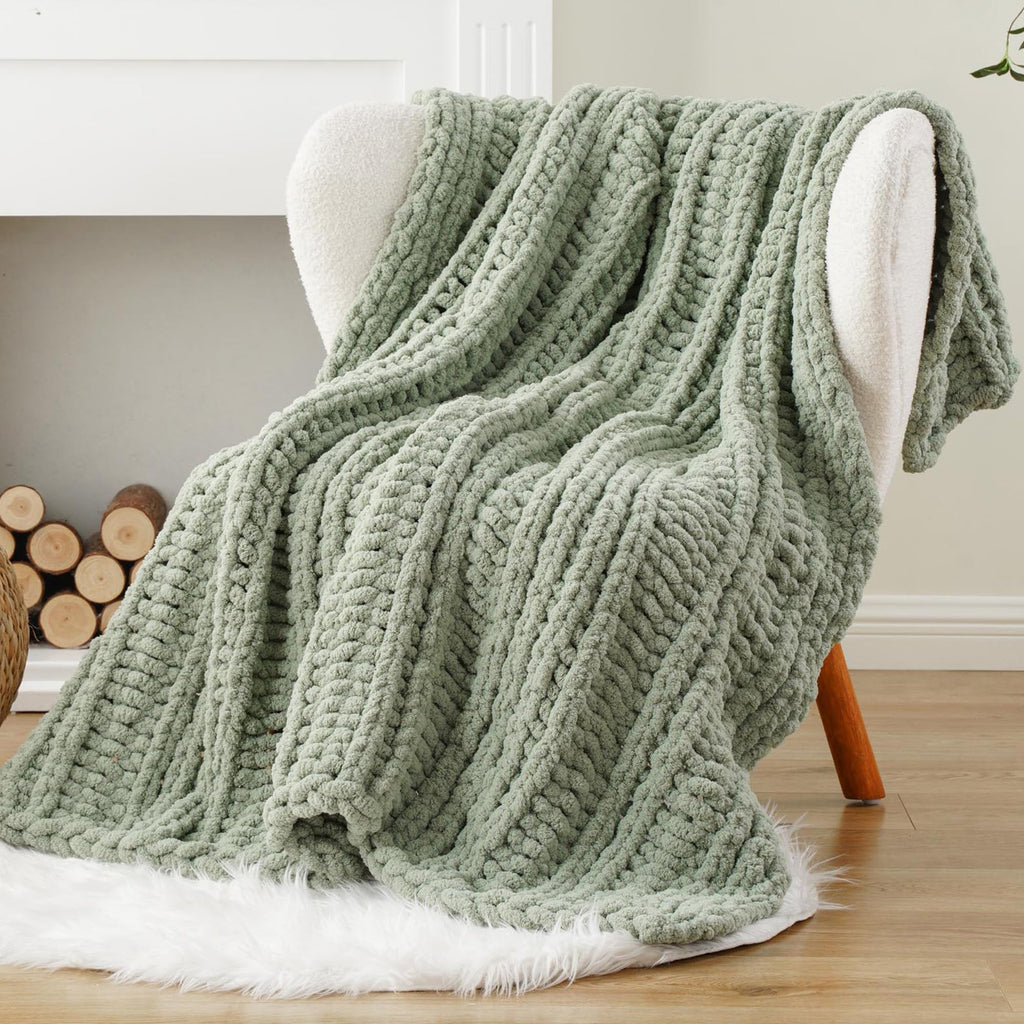 Chunky Knit Throw Blanket for Couch, 50"x60", Sage Green