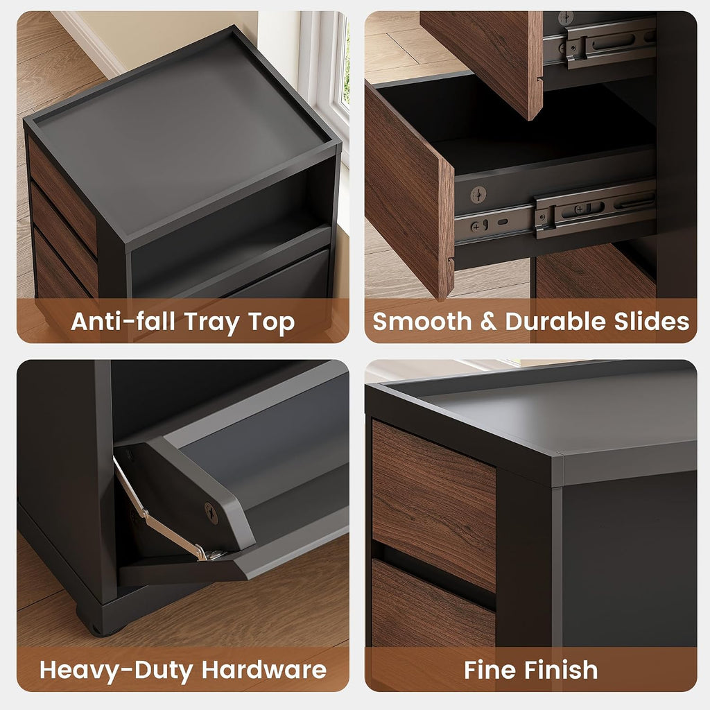 Mobile File Cabinet Under Desk with 3 Drawer, Office Storage Cabinet | Rolling Wood Printer Stand w/ Unique Side