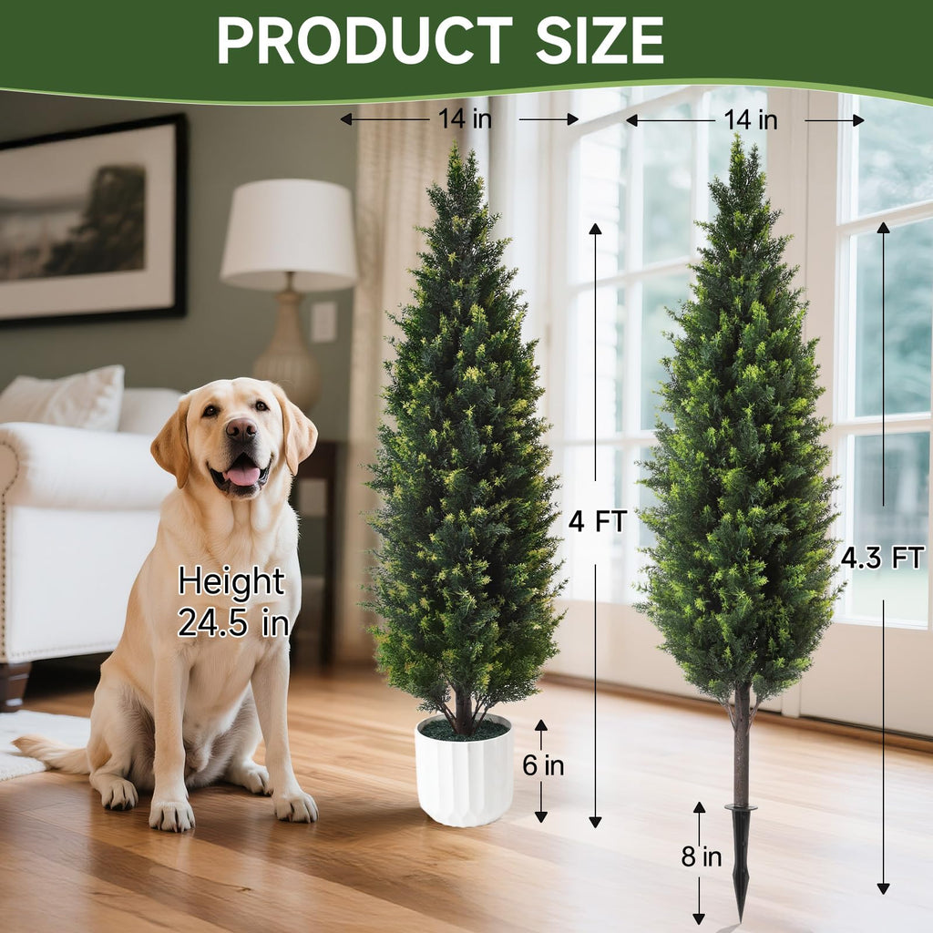4FT Artificial Cedar Topiary Trees Set of 2 Detachable Planter & Spike, UV Resistant Outdoor and Indoor, Realistic Fake