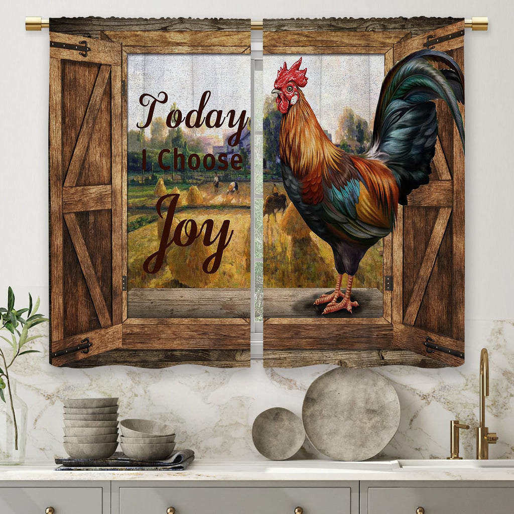 Farmhouse Rooster Kitchen Curtains Rustic Wooden Barn Small Short Cafe Window Curtains Quotes Inspirational Country