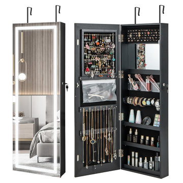 LED Mirror Jewelry Cabinet, Lockable Jewelry Armoire (Black)