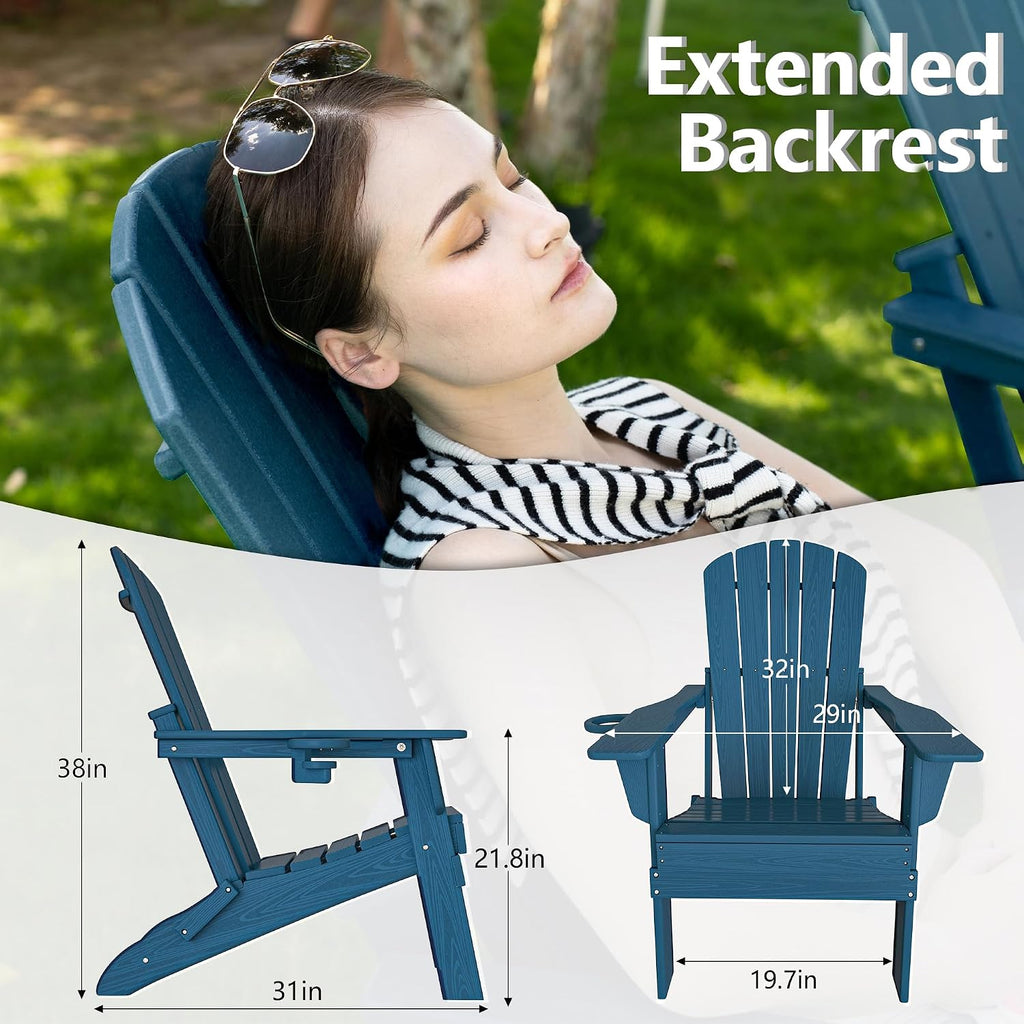 HDPE Folding Adirondack Chair Set of 2 with Cup Holder, Navy | SGS Tested, Wooden Textured, Heavy All-Weather HDPE