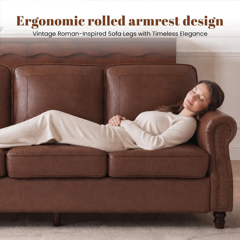 Faux Leather 3 Seater Sofa with Rolled Arms, Rust