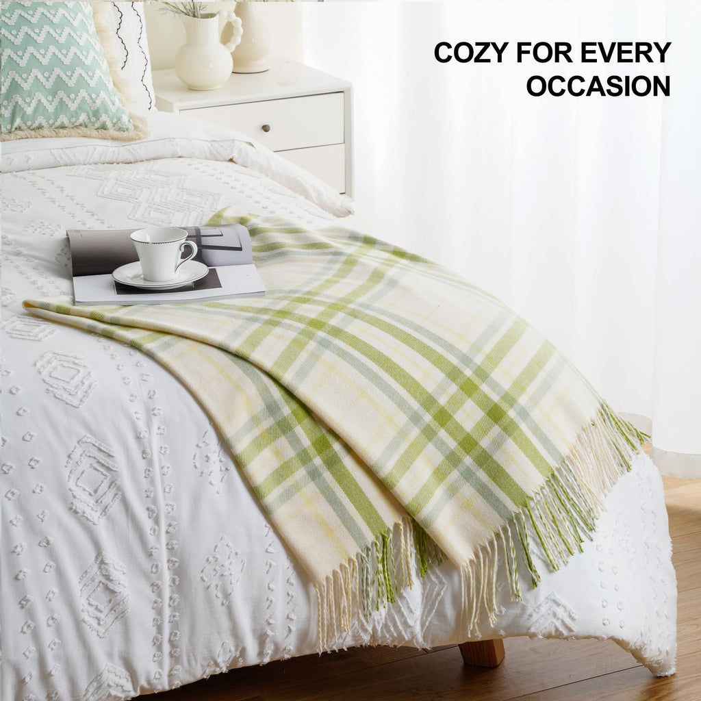 Spring Summer Plaid Throw Blanket for Couch Bed, White Green Stripe Blanket