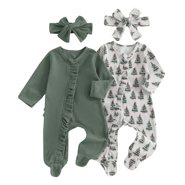 Newborn Girl Coming Home Outfits Coming Footie Romper Infant Girl Fall Clothes Set 2-Packs (Green/Christmas Trees