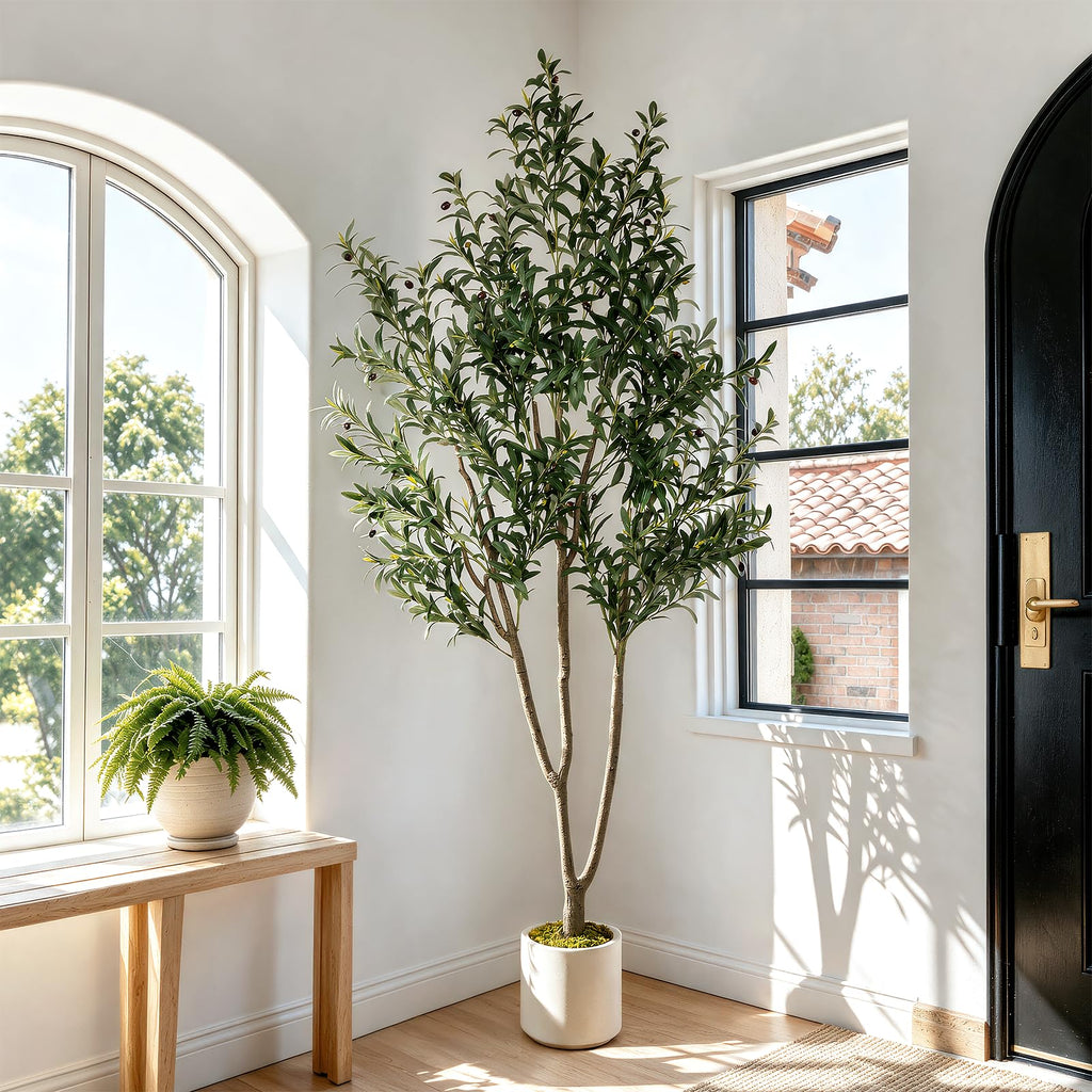 7ft Faux Olive Tree with White Planter, Plants Artificial Decor