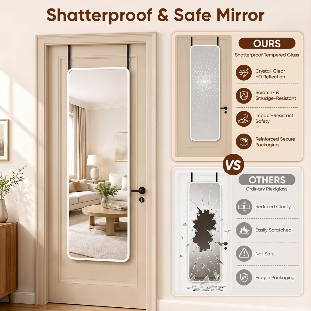 Full Length Mirror Over the Door&Wall Mounted, 48"x14" Door Mirror with Aluminum Alloy Frame, HD Shatterproof