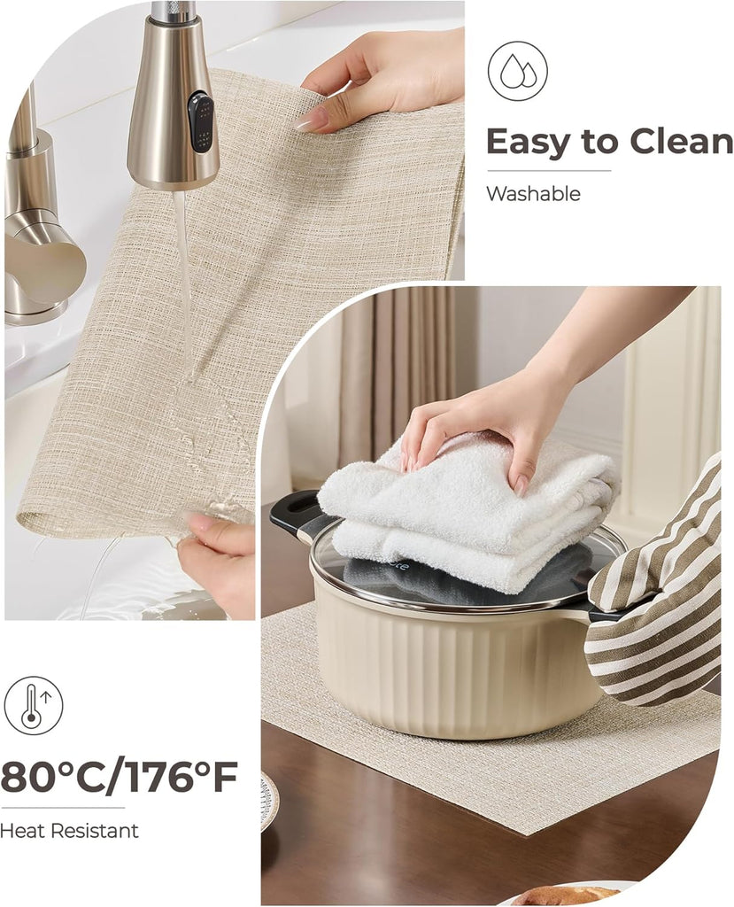Woven Vinyl Beige Placemats - Linen Look & Easy to Clean - Set of 6