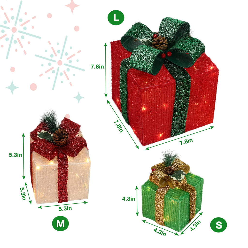 Christmas Lighted Gift Boxes Set of 3, Weather Proof Present Boxes Ornament Home Decor Pre-lit 60 LED Lights