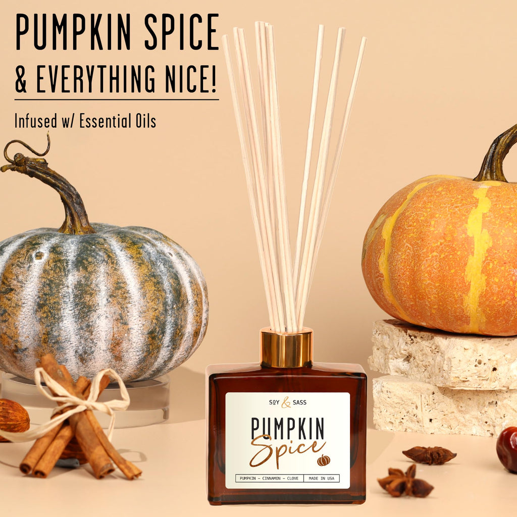 Pumpkin Spice Reed Diffuser, Fall Reed Diffuser Set - Infused w/Essential Oils I Pumpkin Diffuser I Stick Oil Reed